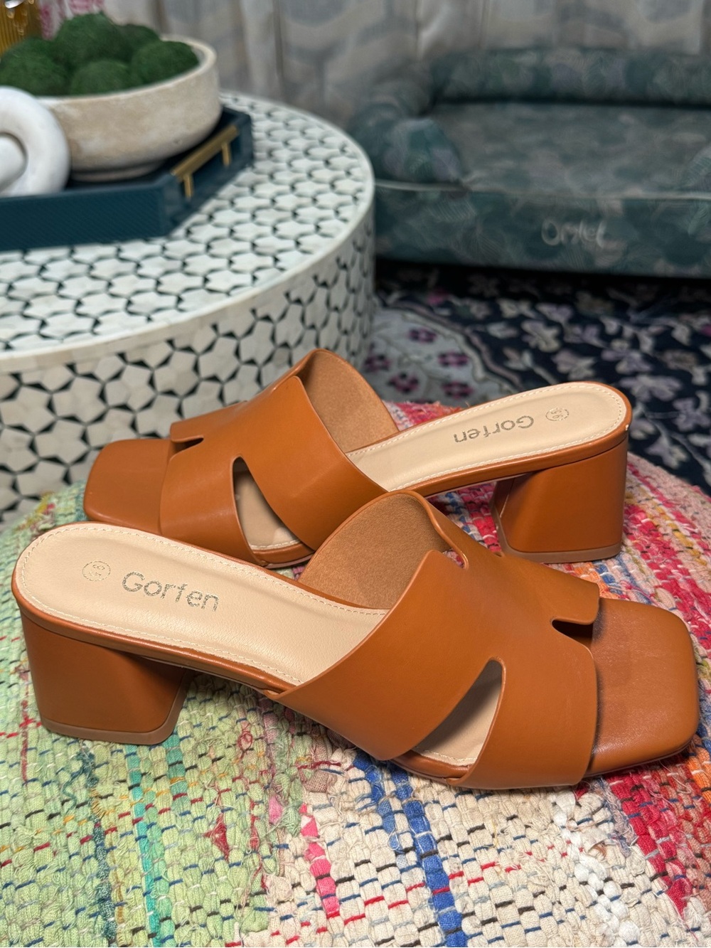 🤎🥥 Women's Cognac Tan Block Heel Slide Sandals 🥥🤎 - Picture 2 of 7